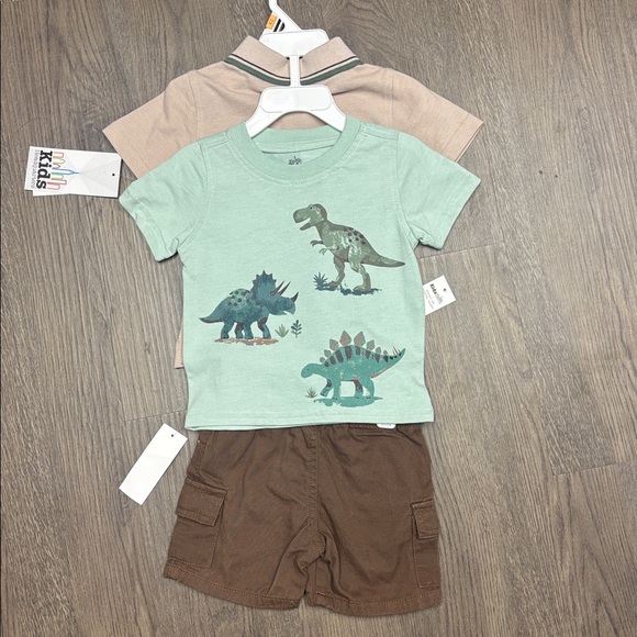 NWT Kid’s Headquarters Dino Tan Polo, Dino Green Tee & Brown Shorts 3-Piece Set - Picture 10 of 10